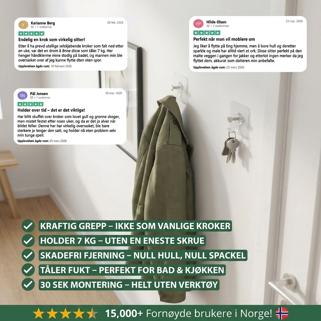 Noordello™ - Veggkroker med kraftfeste - ingen hull, ingen merker