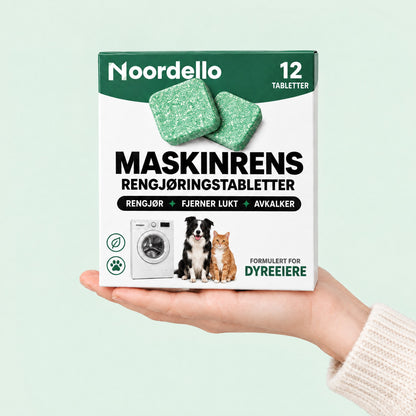 Hånd som holder en eske Noordello's Maskinrens