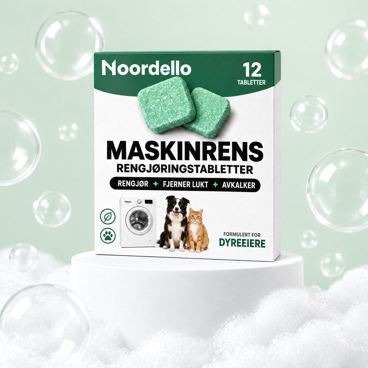 Noordello's Maskinrens på en sokkel med såpebobler