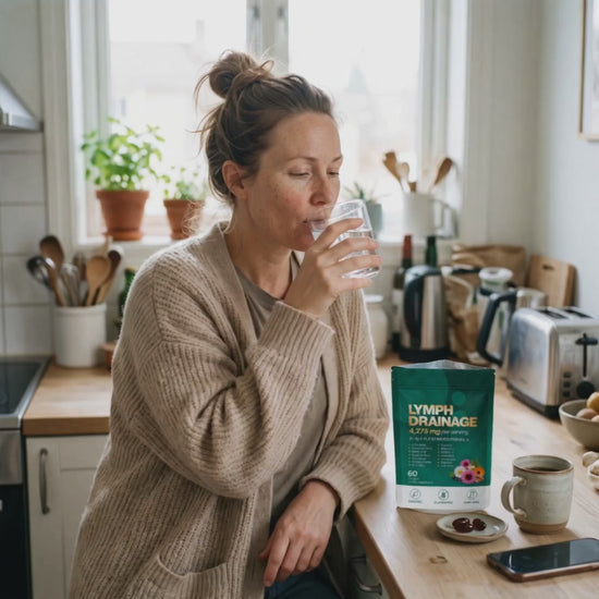 Kvinne drikker et glass vann om morgenen