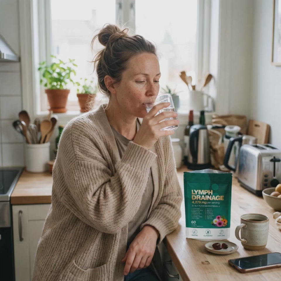 Kvinne drikker et glass vann om morgenen